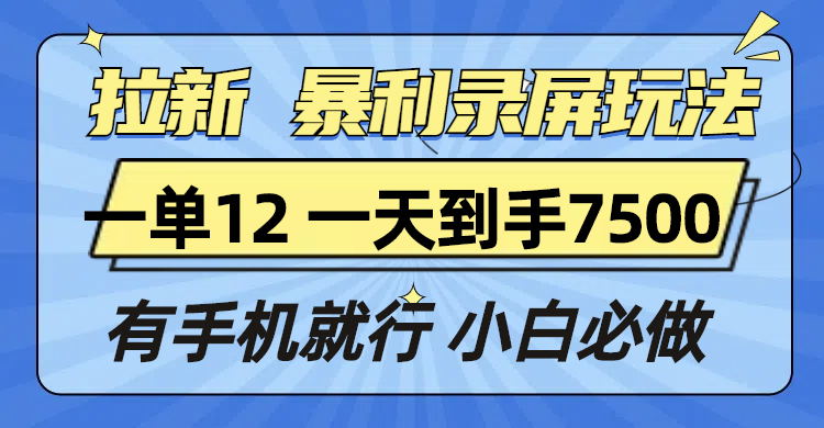 拉新暴利录屏玩法，一单12块，一天到手7500，有手机就行-网创资源