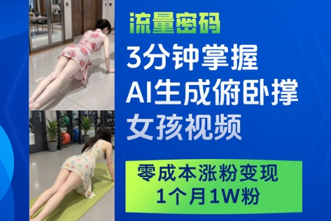 3分钟掌握AI生成俯卧撑女孩视频，零成本涨粉变现，1个月1W粉-网创资源