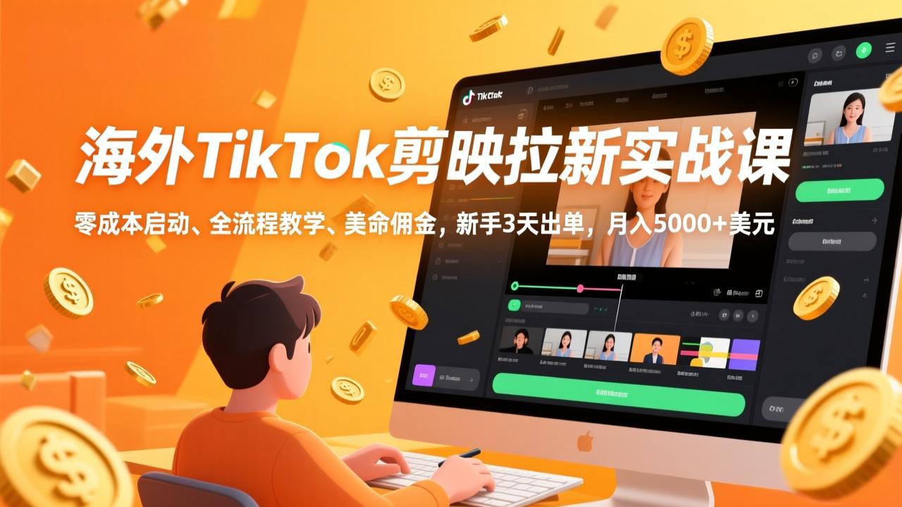 海外TikTok剪映拉新实战课，零成本启动、全流程教学、美金佣金，新手3天出单，月入5000+美元-网创资源