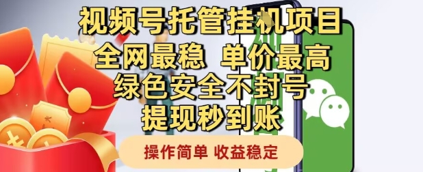 视频号托管挂G项目全网最稳，单价最高，绿色安全不封号提现秒到账，操作简单，收益稳定【揭秘】-网创资源