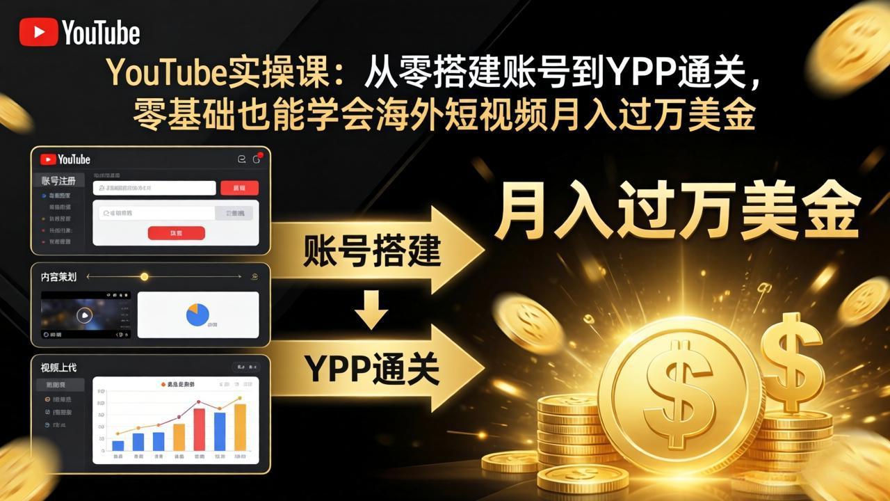 YouTube实操课：从零搭建账号到YPP通关，零基础也能学会海外短视频月入过万美金-网创资源