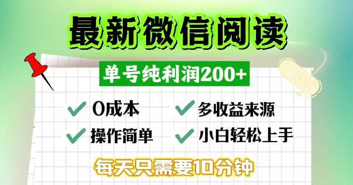 微信阅读最新玩法，每天十分钟，单号一天200+，简单0零成本，当日提现-网创资源