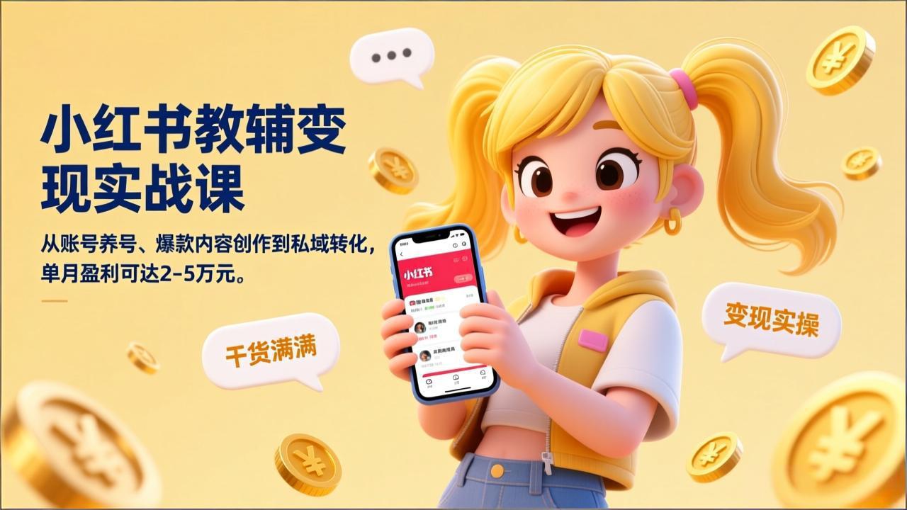 小红书教辅变现实战课，从账号养号、爆款内容创作到私域转化，单月盈利可达2-5万元-网创资源