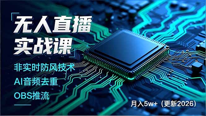 无人直播实战课，非实时防风技术、AI音频去重、OBS推流，建立技术壁垒，月入5w+(更新2026-网创资源
