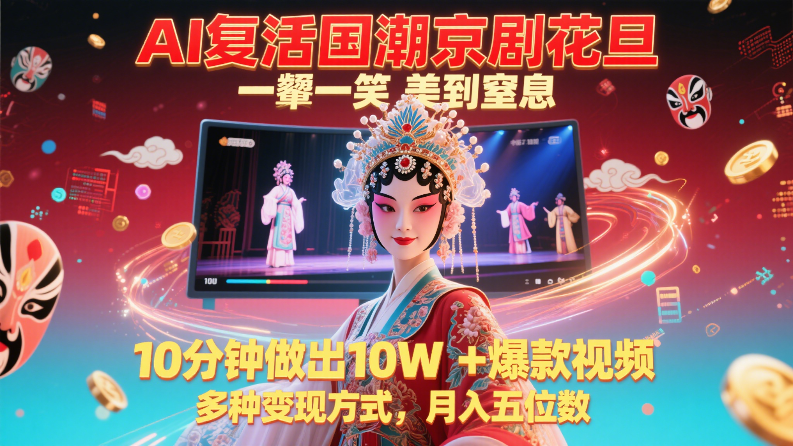 AI复活国潮京剧花旦，一颦一笑美到窒息，10分钟做出10W+爆款视频，多种变现方式-网创资源