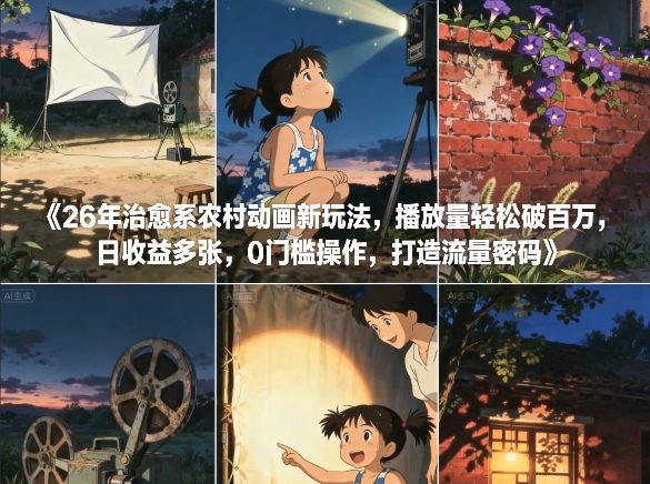 26年治愈系农村动画新玩法，播放量轻松破百万，日收益多张，0门槛操作，打造流量密码-网创资源