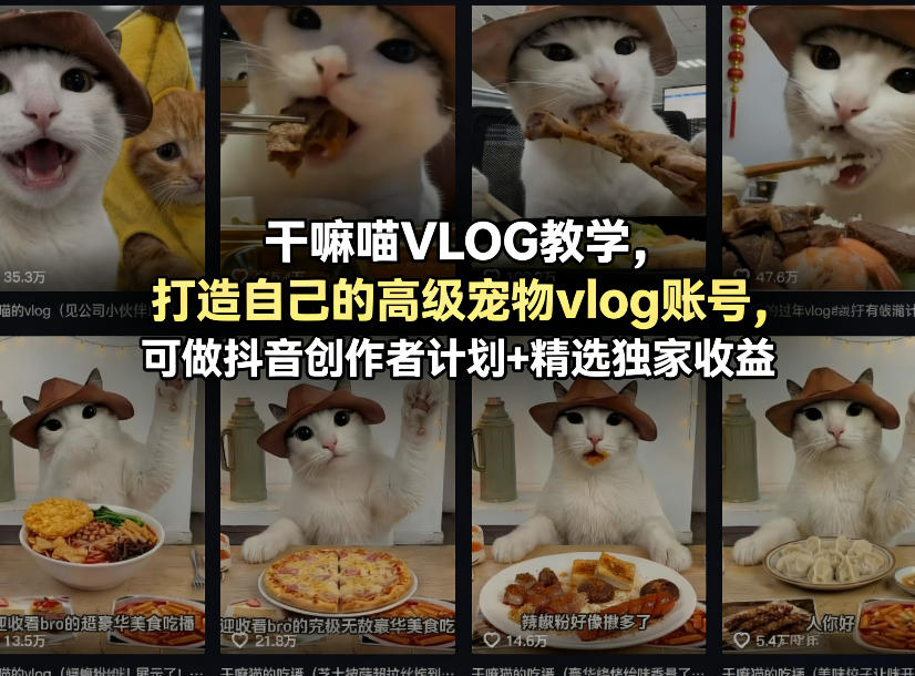 干嘛喵VLOG教学，打造自己的高级宠物vlog账号，可做抖音创作者计划+精选独家收益-网创资源