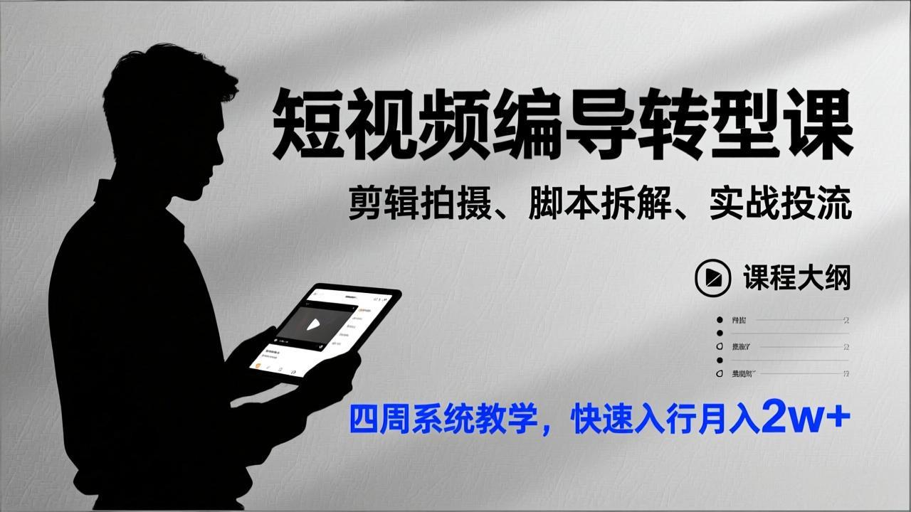 短视频编导转型课，剪辑拍摄、脚本拆解、实战投流，四周系统教学，快速入行月入2w+-网创资源