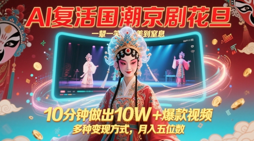 AI复活国潮京剧花旦，一颦一笑美到窒息，10分钟做出10W+爆款视频，多种变现方式，月入五位数-网创资源