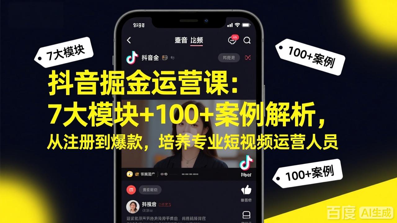 抖音掘金运营课：7大模块+100+案例解析，从注册到爆款，培养专业短视频运营人员-网创资源
