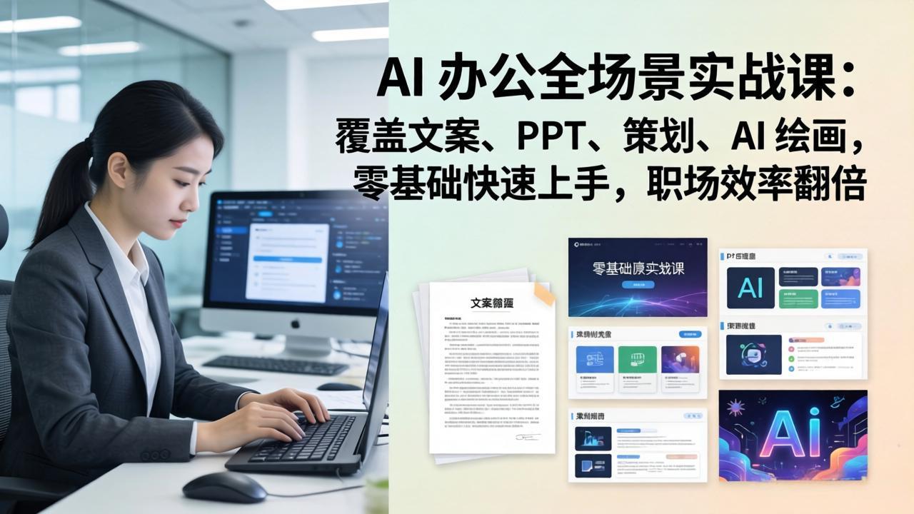 AI 办公全场景实战课：覆盖文案、PPT、策划、AI 绘画，零基础快速上手，职场效率翻倍-网创资源