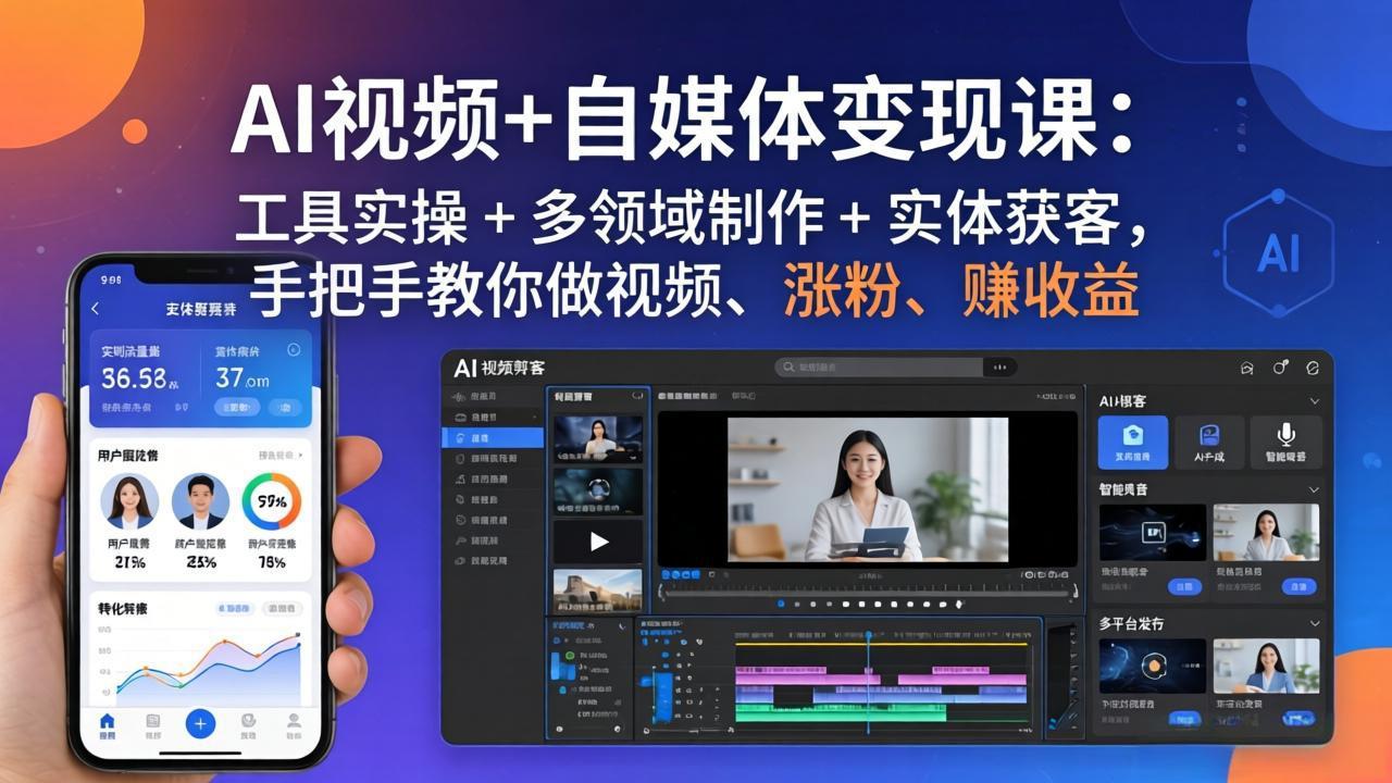 AI视频+自媒体变现课：工具实操 + 多领域制作 + 实体获客，手把手教你做视频、涨粉、赚收益-网创资源