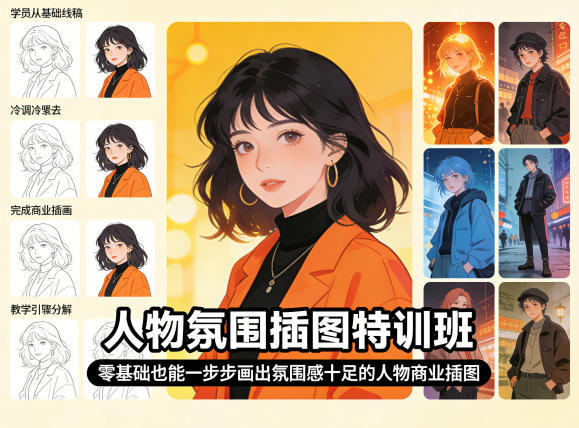 人物氛围插图特训班，零基础也能一步步画出氛围感十足的人物商业插图-网创资源