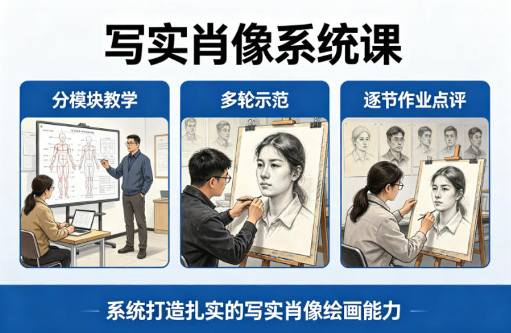写实肖像系统课，全程分模块教学+多轮示范+逐节作业点评，系统打造扎实的写实肖像绘画能力-网创资源