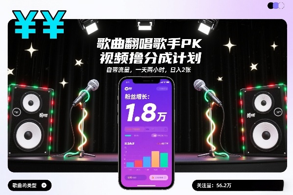 歌曲翻唱歌手PK视频撸分成计划，自带流量，一天两小时，日入2张-网创资源