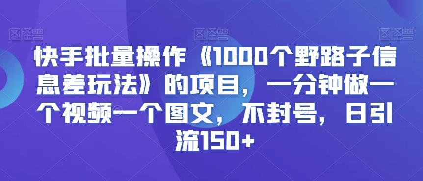 快手批量操作《1000个野路子信息差玩法》的项目，一分钟做一个视频一个图文，不封号，日引流150+【揭秘】-网创资源