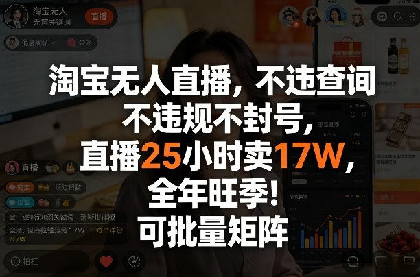 淘宝无人直播，不违规不封号，直播25小时卖17W，全年旺季！可批量矩阵【揭秘】-网创资源