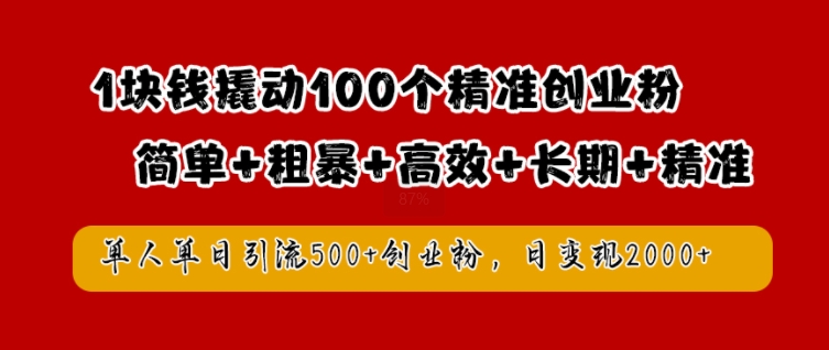 1块钱撬动100个精准创业粉，简单粗暴高效长期精准，单人单日引流500+创业粉，日变现2k【揭秘】-网创资源