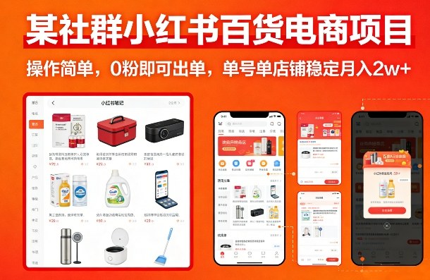 某社群小红书百货电商项目，操作简单，0粉即可出单，单号单店铺稳定月入2w+-网创资源