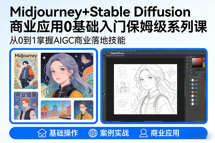 AIGC商业应用Midjourney+Stable Diffusion教程，0基础入门保姆级系列课-网创资源