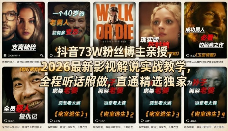 抖音73W粉丝博主亲授，2026最新影视解说实战教学，全程听话照做，直通精选独家-网创资源
