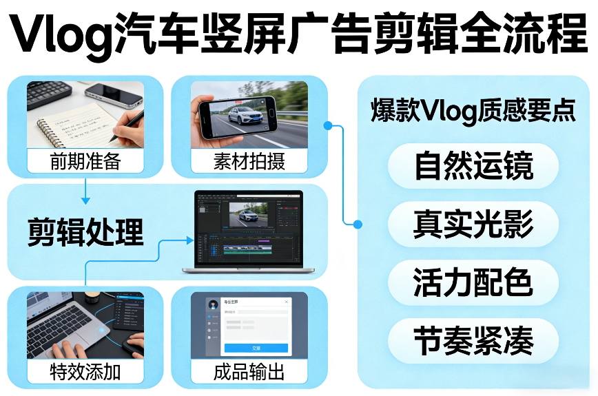 Vlog感觉汽车竖屏广告剪辑脚本全流程，拿捏爆款Vlog质感-网创资源