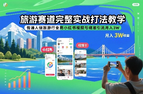 旅游赛道完整实战打法教学，普通人做旅游行业用小红书视频号精准引流月入3W-网创资源