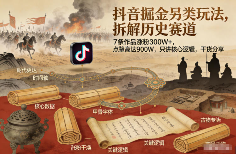 抖音掘金另类玩法，拆解历史赛道，7条作品涨粉300W+，点赞量高达900W，只讲核心逻辑，干货分享-网创资源