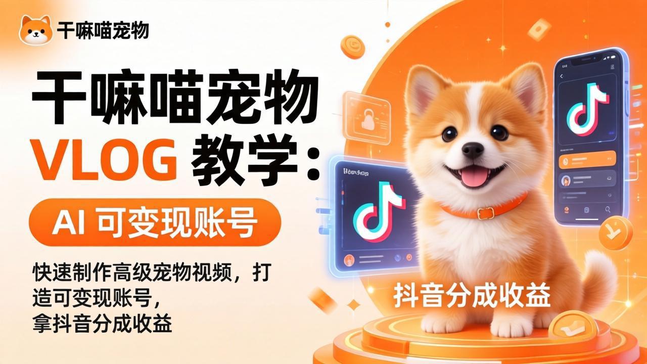 干嘛喵宠物 VLOG 教学：AI 快速制作高级宠物视频，打造可变现账号，拿抖音分成收益-网创资源