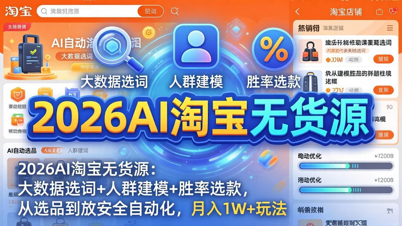 2026AI淘宝无货源-4月更新：大数据选词+人群建模+胜率选款，从选品到放大全自动化，月入1W+玩法-网创资源