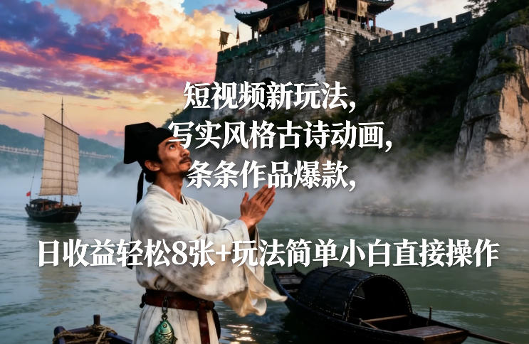 短视频新玩法，写实风格古诗动画，条条作品爆款，日收益轻松8张+玩法简单小白直接操作-网创资源