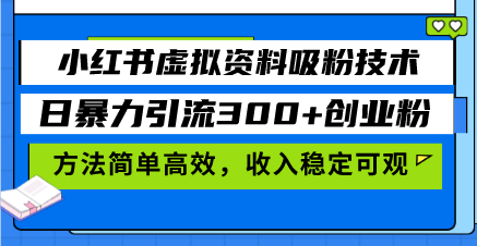 小红书虚拟资料吸粉技术，日暴力引流300+创业粉，方法简单高效，收入稳…-网创资源