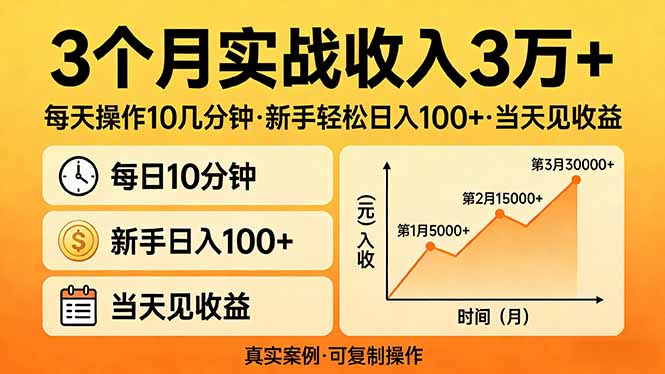 3个月实战收入3万+，每天操作10几分钟，新手轻松日入100+，当天见收益-网创资源