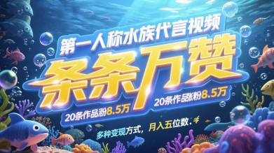 第一人称水族代言视频，条条万赞，20条作品涨粉7.8W，多种变现方式月入五位数-网创资源